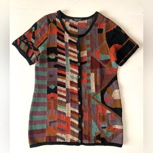 Peruvian Connection Southwestern Knit Cardigan XL Short Sleeve Cotton Colorful